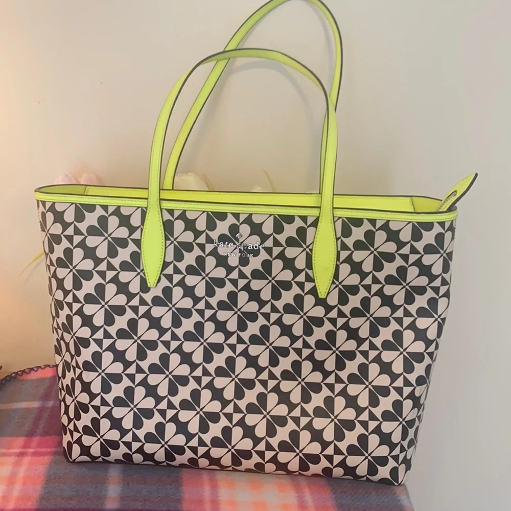 kate spade Black and White Floral Tote with Neon Yellow Trim